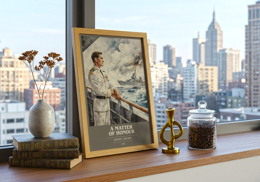 A Matter Of Honour Book Cover Poster by Jeffrey Archer – framed print on a city-view windowsill