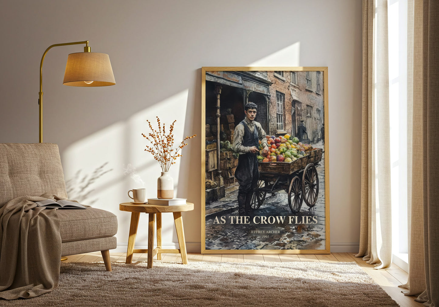 As The Crow Flies watercolour print in frame leaning in hallway – historical fiction wall art