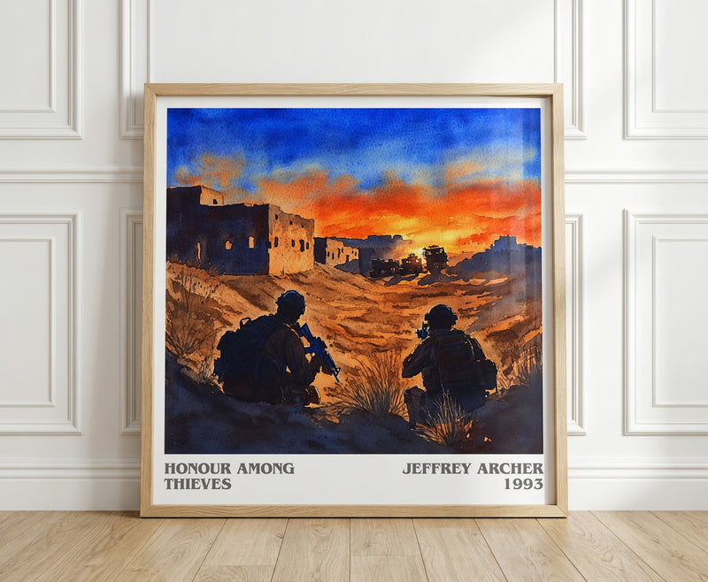 Honour Among Thieves literary print in frame leaning in hallway – thriller wall art