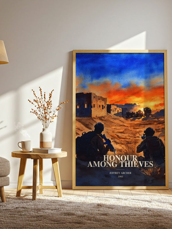 Honour Among Thieves watercolour print in frame leaning in hallway – thriller wall art
