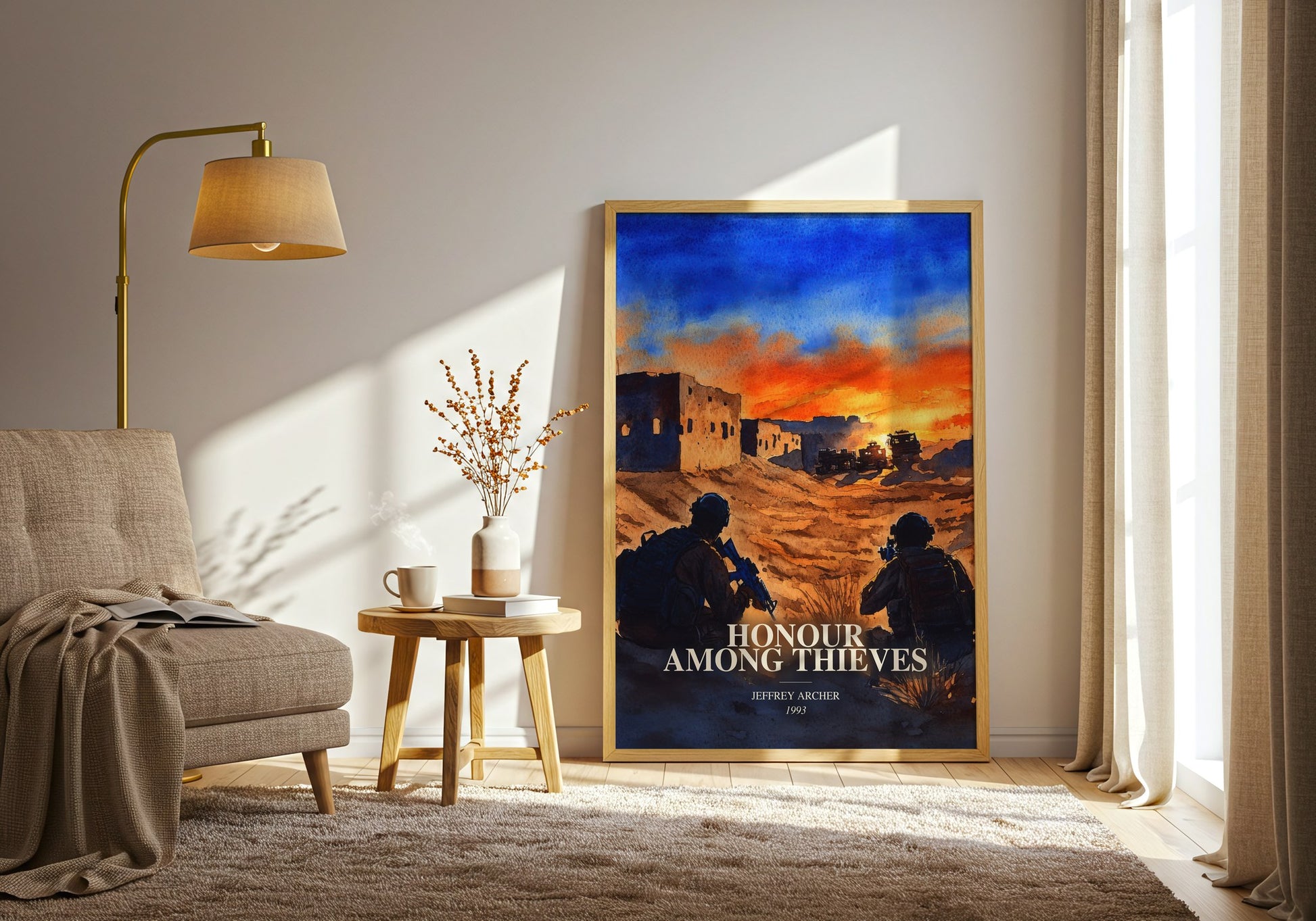 Honour Among Thieves watercolour print in frame leaning in hallway – thriller wall art