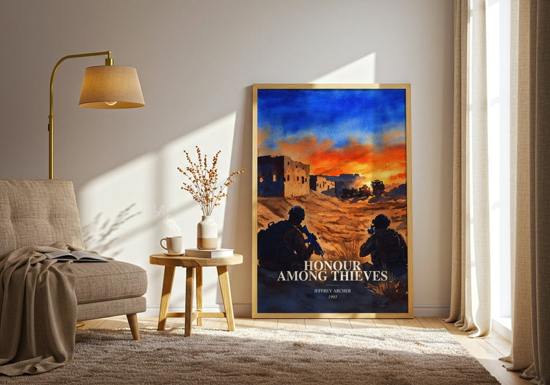 Honour Among Thieves watercolour print in frame leaning in hallway – thriller wall art