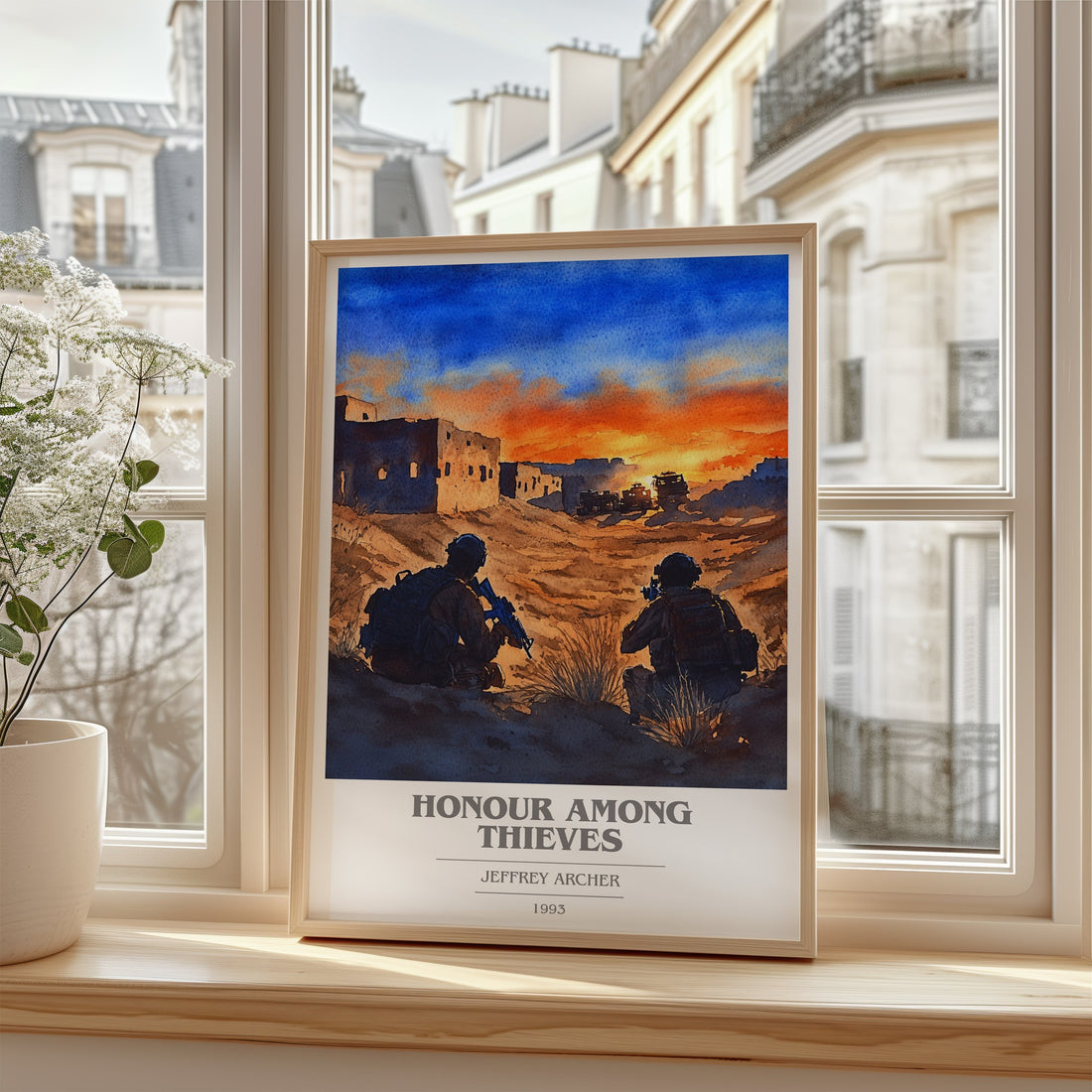 Honour Among Thieves Book Cover Poster by Jeffrey Archer – framed print by a bright window
