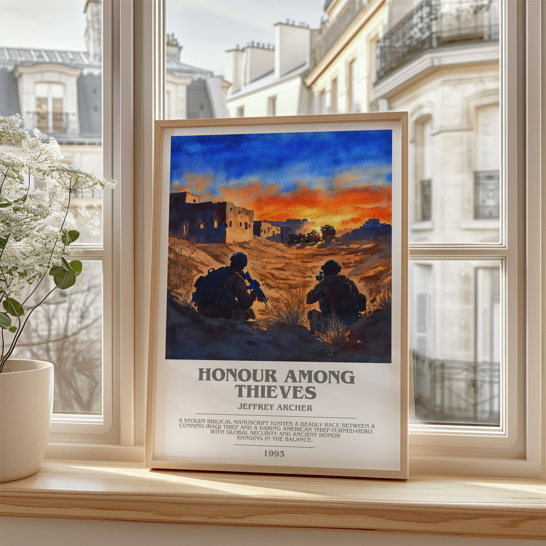 Honour Among Thieves Bookish Wall Art by Jeffrey Archer – framed print by a bright window