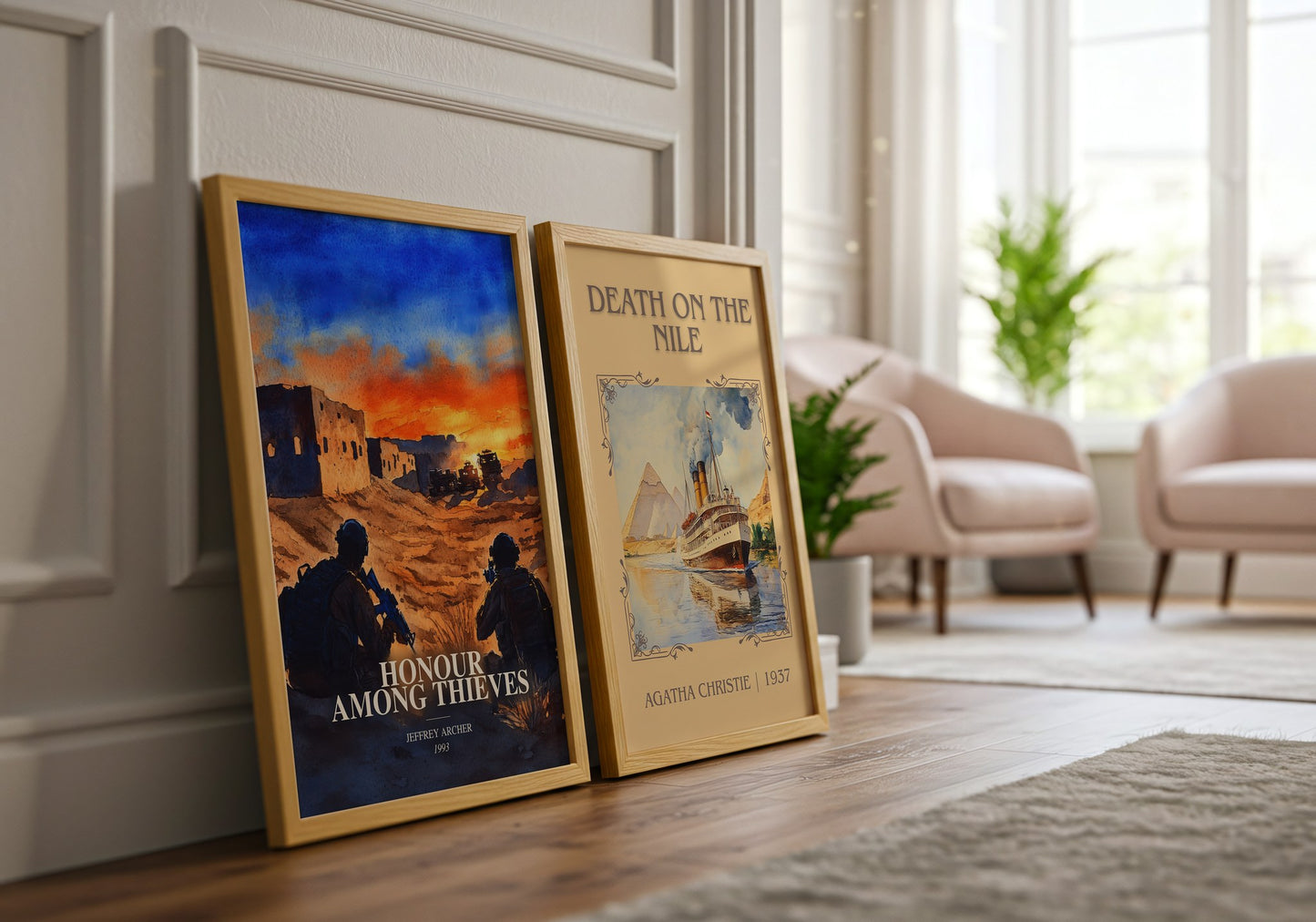 Honour Among Thieves watercolour print framed by window – literary home decor