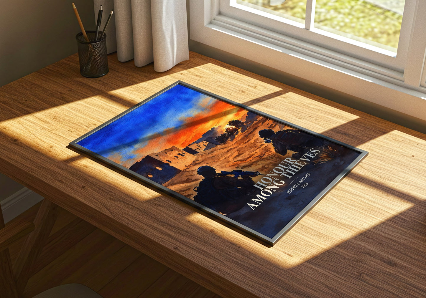 Honour Among Thieves watercolour book poster framed on wall – thriller wall art