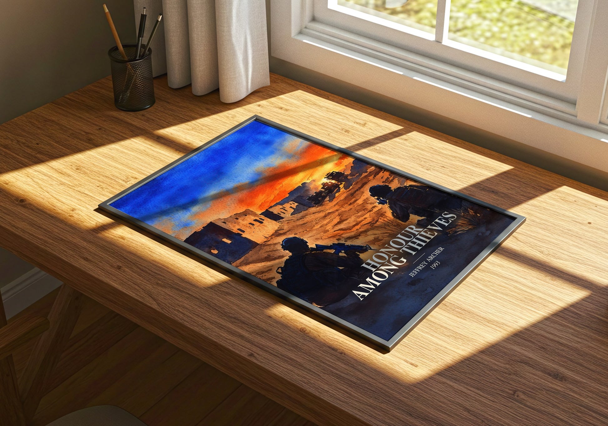 Honour Among Thieves watercolour book poster framed on wall – thriller wall art