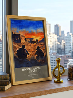 Honour Among Thieves Book Cover Poster by Jeffrey Archer – framed print on a city-view windowsill