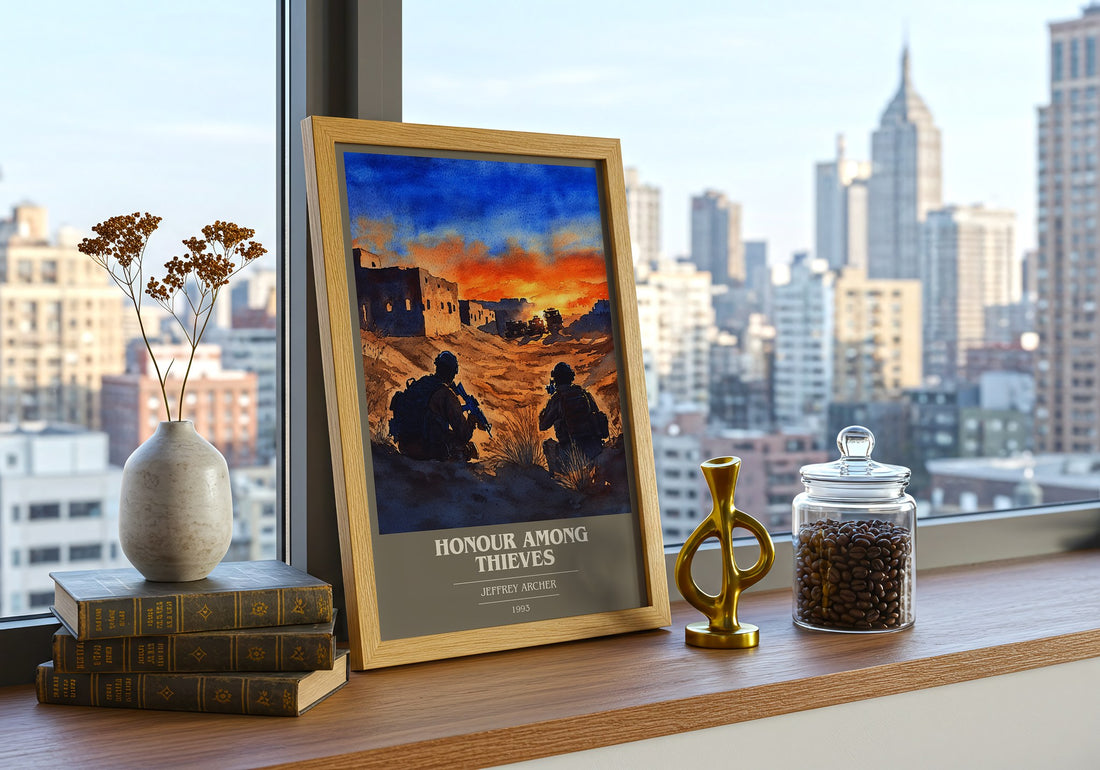 Honour Among Thieves Book Cover Poster by Jeffrey Archer – framed print on a city-view windowsill