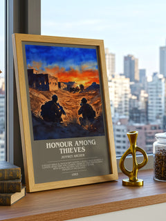 Honour Among Thieves Bookish Wall Art by Jeffrey Archer – framed print on a city-view windowsill