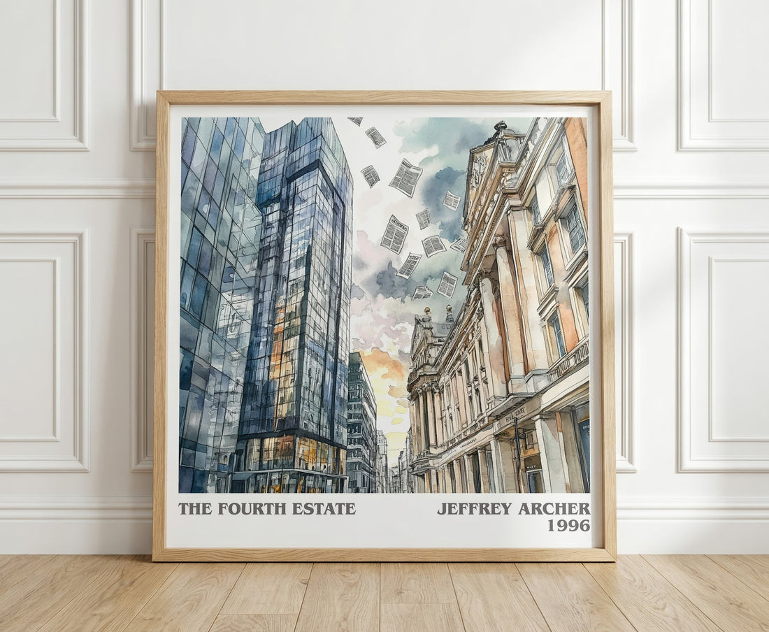 The Fourth Estate literary print in frame leaning in hallway – contemporary fiction wall art (mockup)