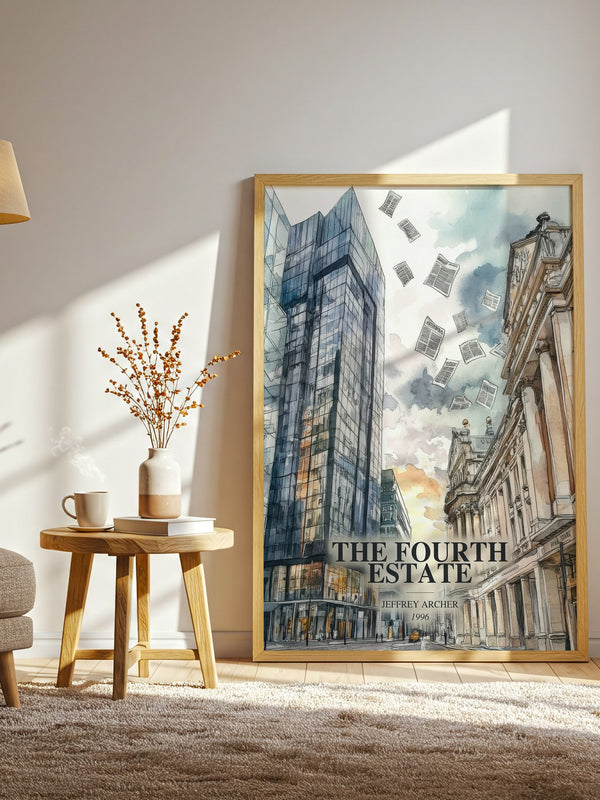 The Fourth Estate watercolour print in frame leaning in hallway – thriller wall art