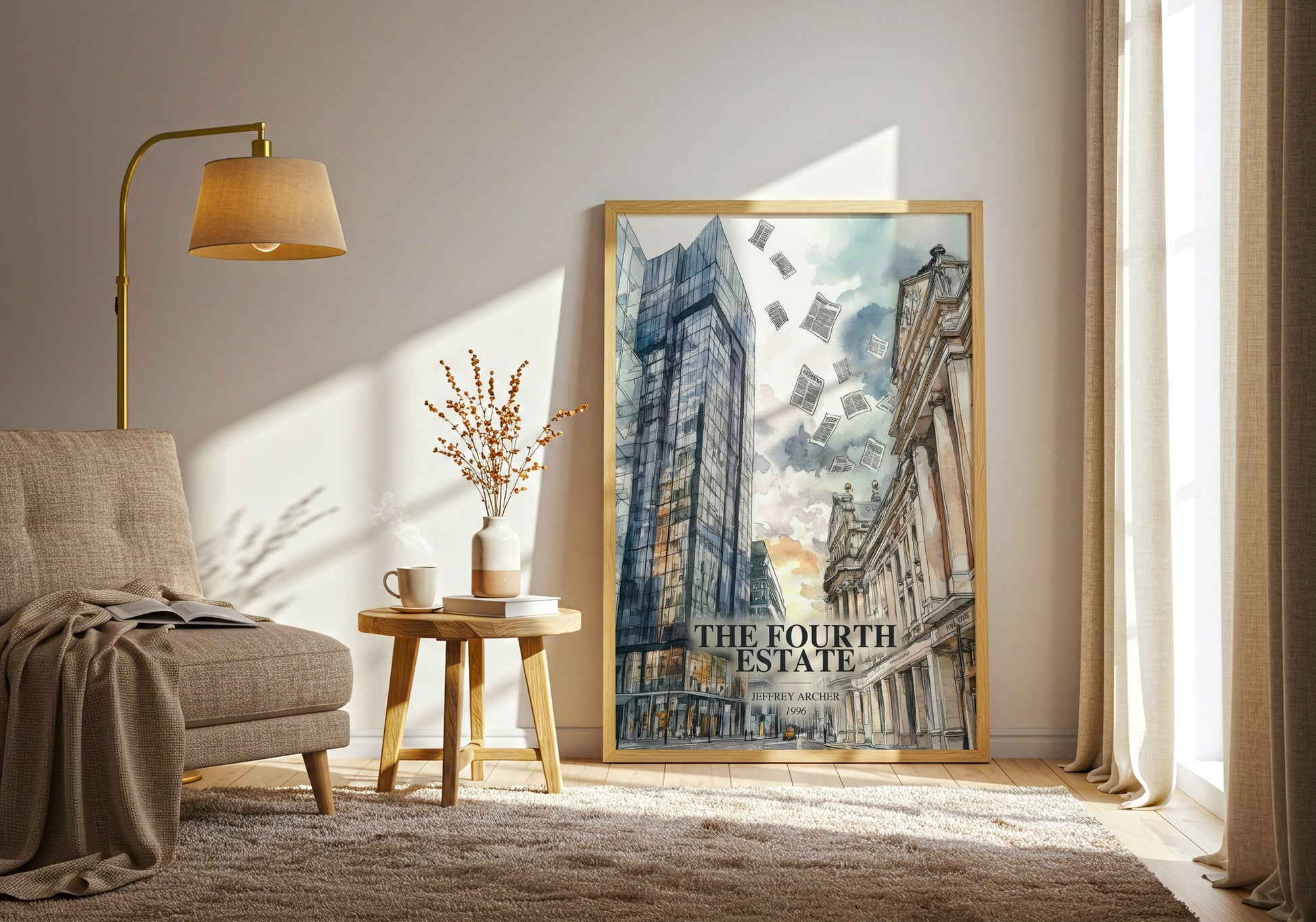 The Fourth Estate watercolour print in frame leaning in hallway – thriller wall art
