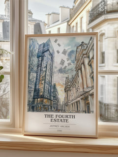 The Fourth Estate Book Cover Poster by Jeffrey Archer – framed print by a bright window