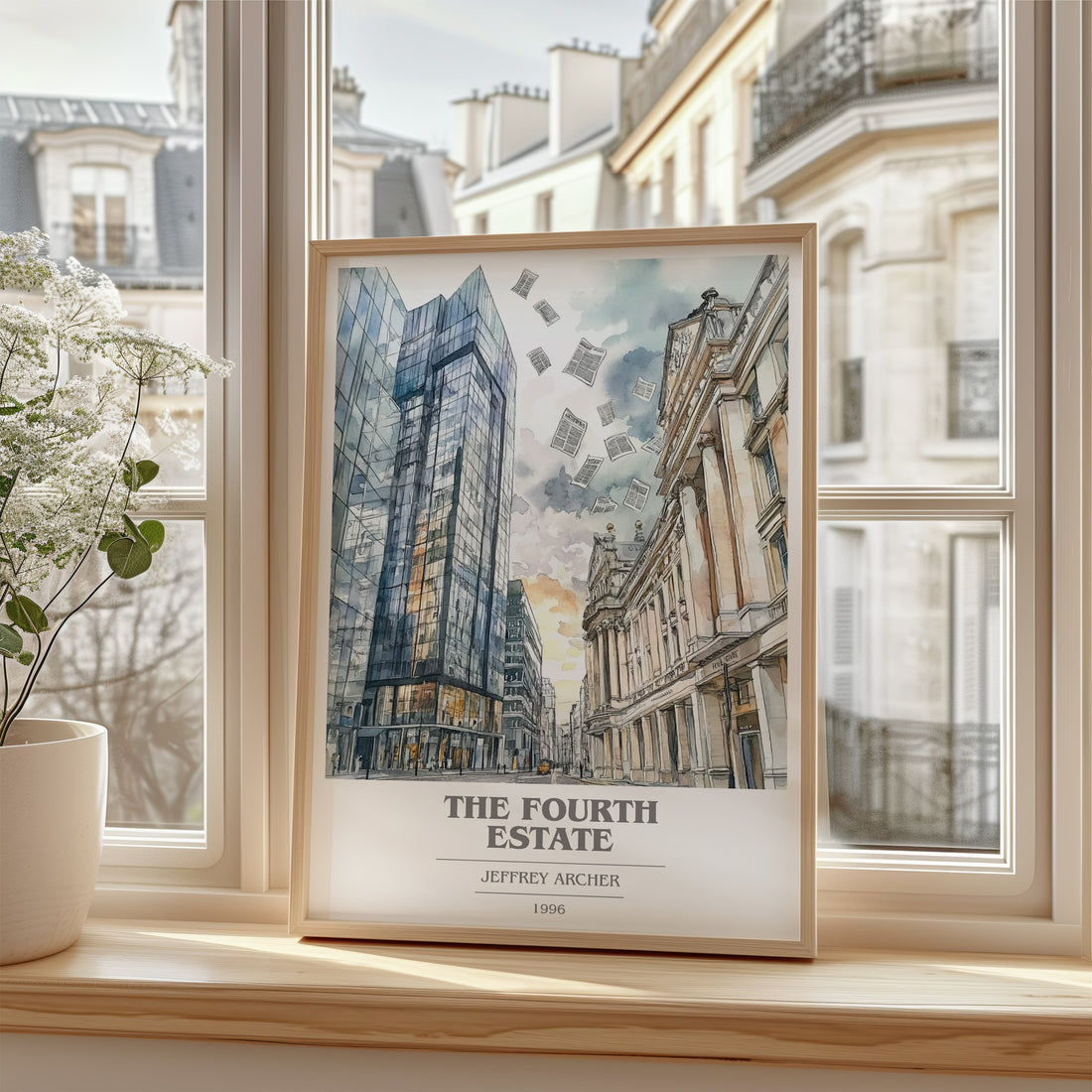 The Fourth Estate Book Cover Poster by Jeffrey Archer – framed print by a bright window