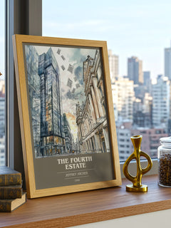 The Fourth Estate Book Cover Poster by Jeffrey Archer – framed print on a city-view windowsill