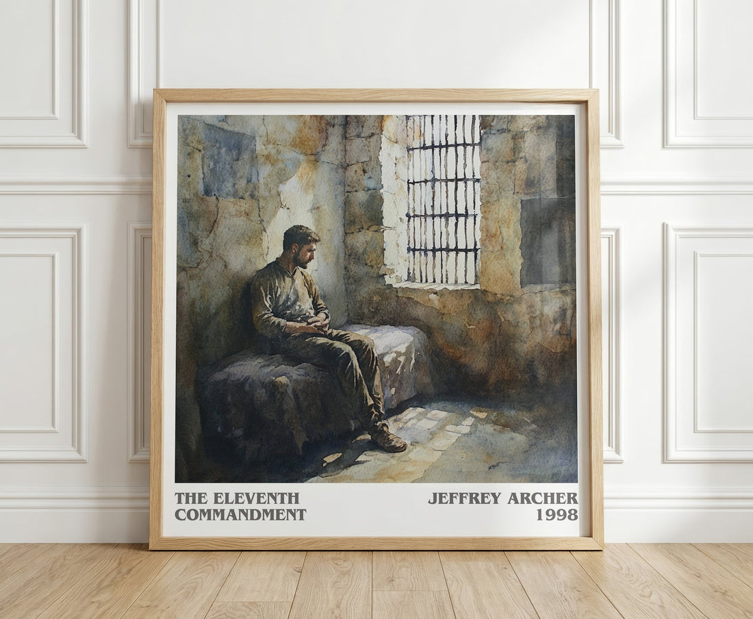 The Eleventh Commandment literary print in frame leaning in hallway – thriller wall art (mockup)