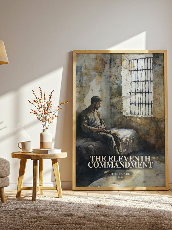 The Eleventh Commandment watercolour print in frame leaning in hallway – thriller wall art