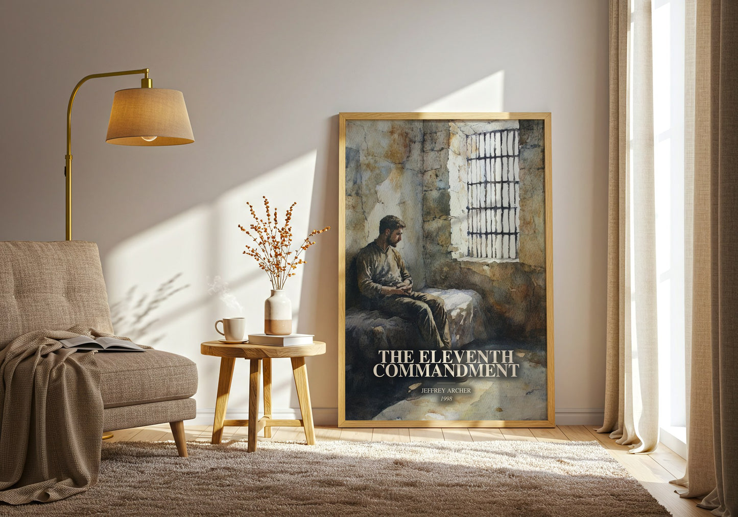 The Eleventh Commandment watercolour print in frame leaning in hallway – thriller wall art