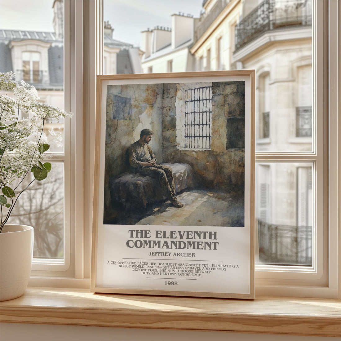 The Eleventh Commandment Bookish Wall Art by Jeffrey Archer – framed print by a bright window