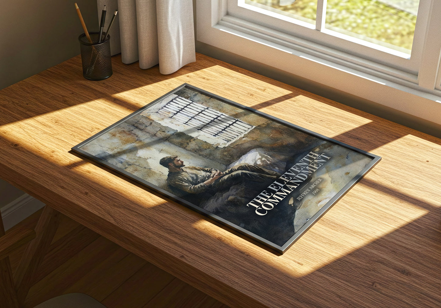 The Eleventh Commandment watercolour book poster framed on wall – thriller wall art