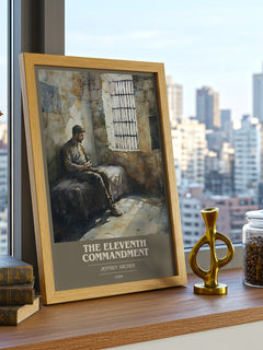 The Eleventh Commandment Book Cover Poster by Jeffrey Archer – framed print on a city-view windowsill