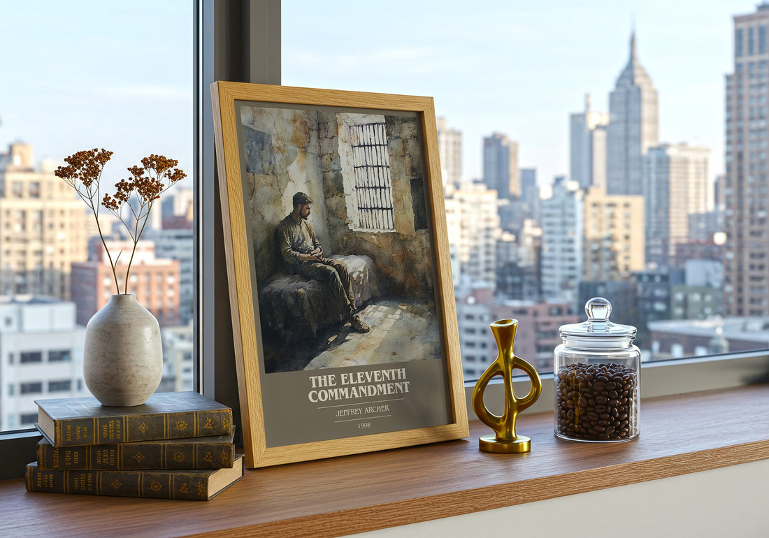 The Eleventh Commandment Book Cover Poster by Jeffrey Archer – framed print on a city-view windowsill