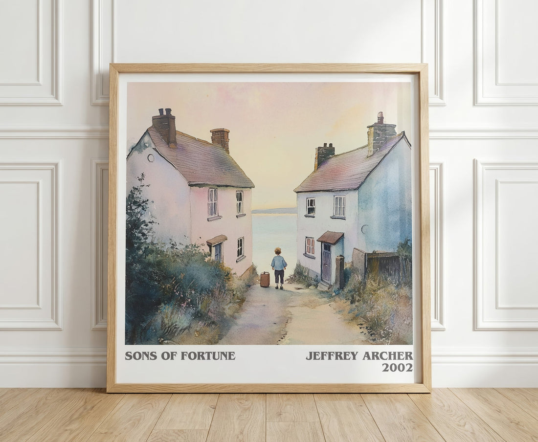 Sons of Fortune literary print in frame leaning in hallway – thriller wall art (mockup)