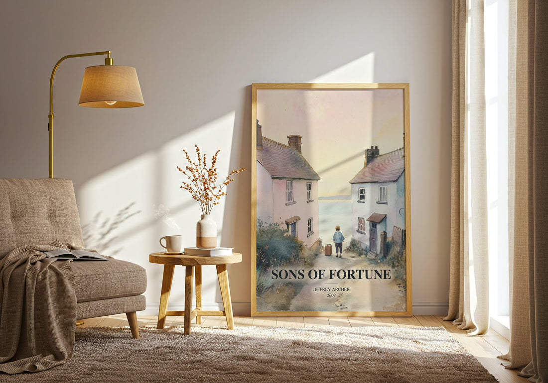 Sons Of Fortune watercolour print in frame leaning in hallway – literary fiction wall art (mockup)