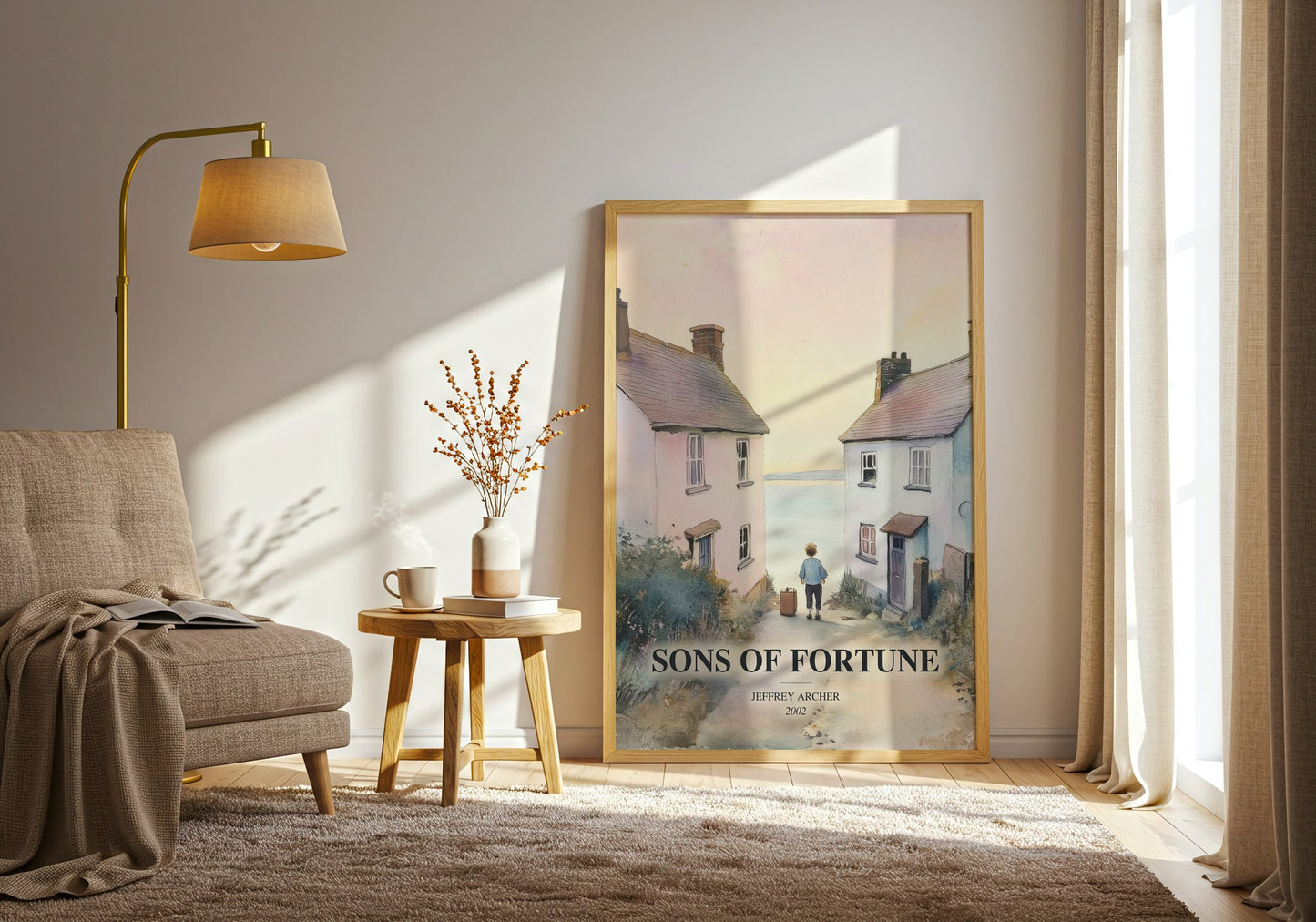 Sons Of Fortune watercolour print in frame leaning in hallway – literary fiction wall art
