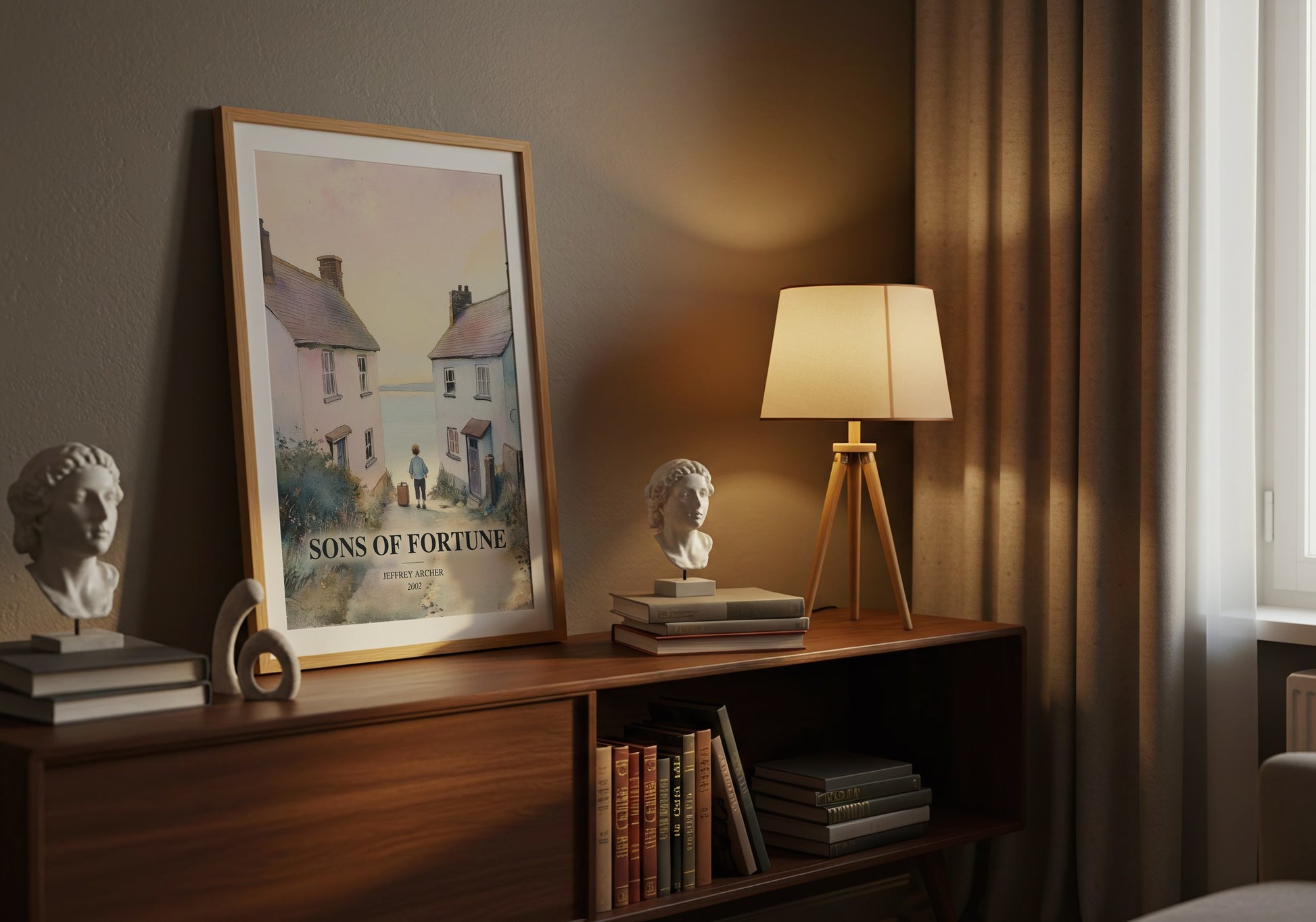 Sons Of Fortune watercolour print on bookshelf – Jeffrey Archer fan gift