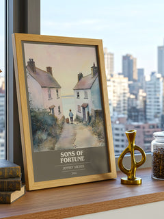 Sons of Fortune Book Cover Poster by Jeffrey Archer – framed print on a city-view windowsill