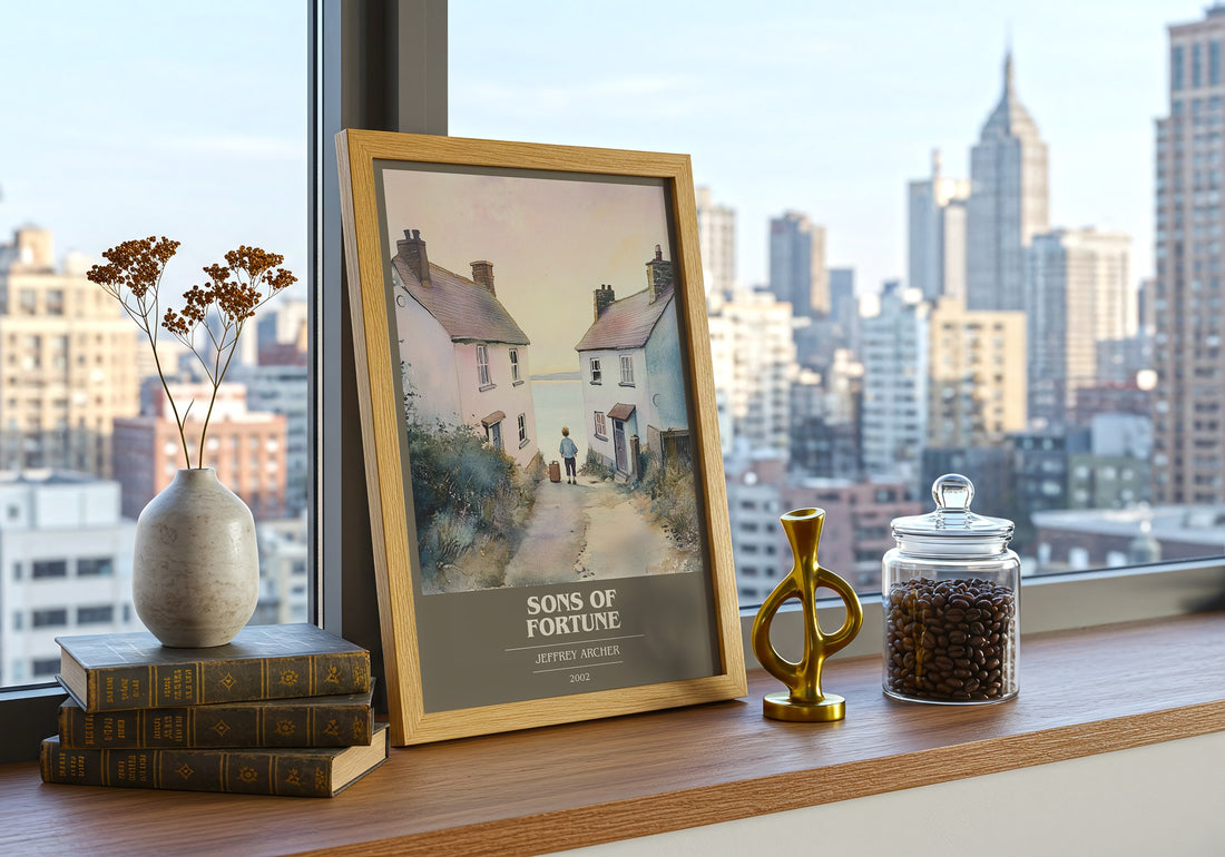 Sons of Fortune Book Cover Poster by Jeffrey Archer – framed print on a city-view windowsill
