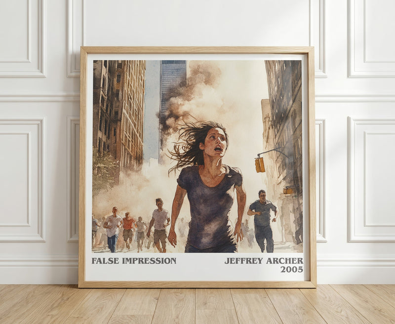 False Impression literary print in frame leaning in hallway – thriller wall art