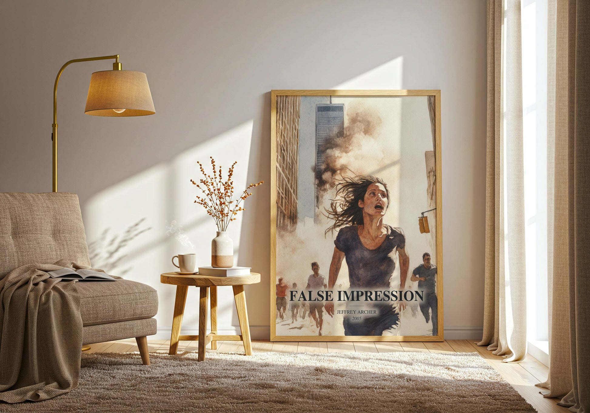 False Impression watercolour print in frame leaning in hallway – thriller wall art