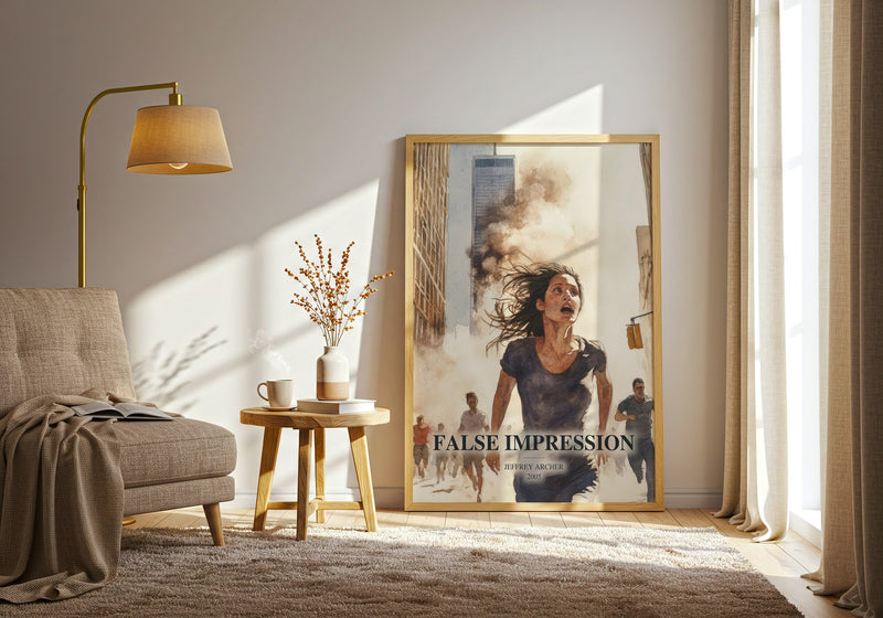 False Impression watercolour print in frame leaning in hallway – thriller wall art