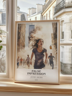 False Impression Book Cover Poster by Jeffrey Archer – framed print by a bright window