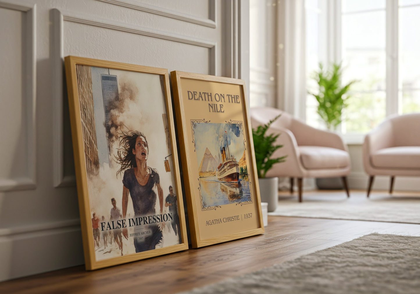 False Impression watercolour print framed by window – literary home decor
