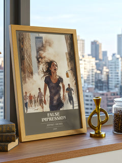False Impression Book Cover Poster by Jeffrey Archer – framed print on a city-view windowsill