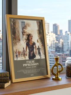 False Impression Bookish Wall Art by Jeffrey Archer – framed print on a city-view windowsill