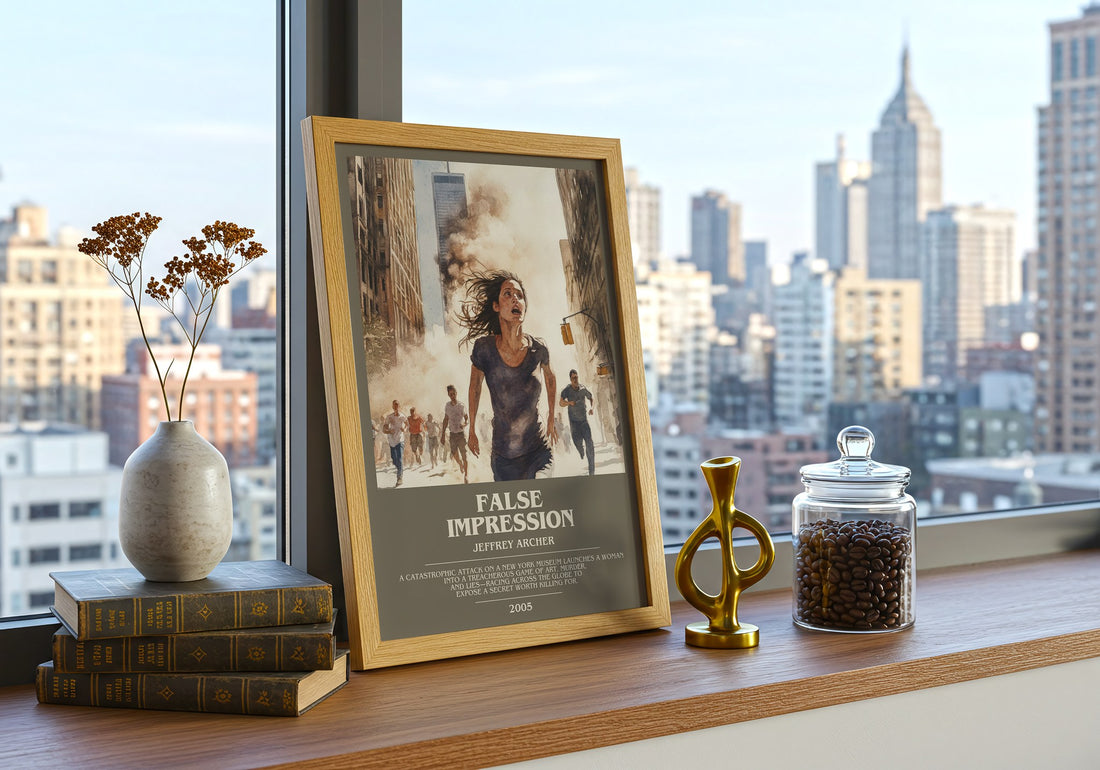 False Impression Bookish Wall Art by Jeffrey Archer – framed print on a city-view windowsill
