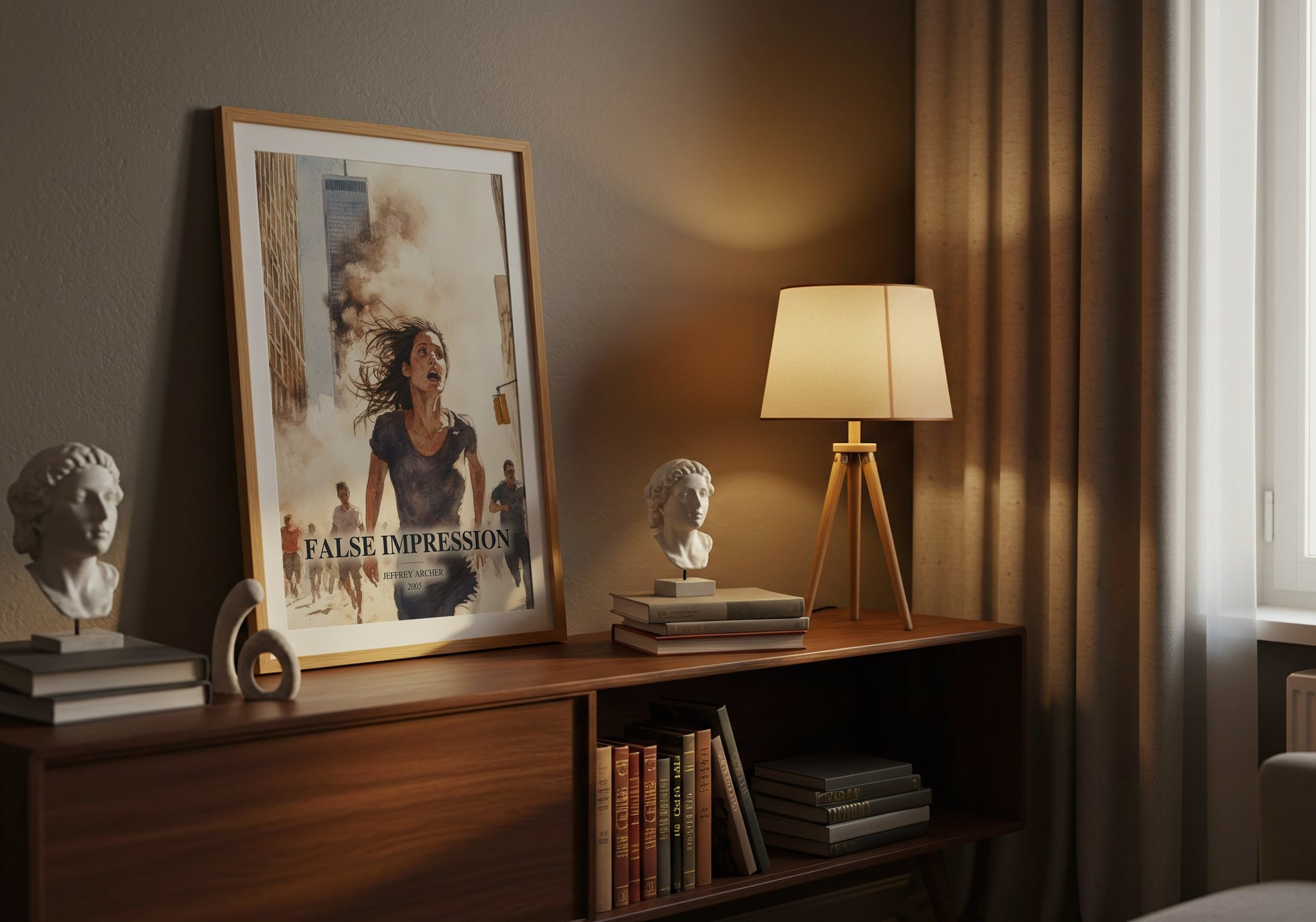 False Impression watercolour print on bookshelf – Jeffrey Archer fan gift
