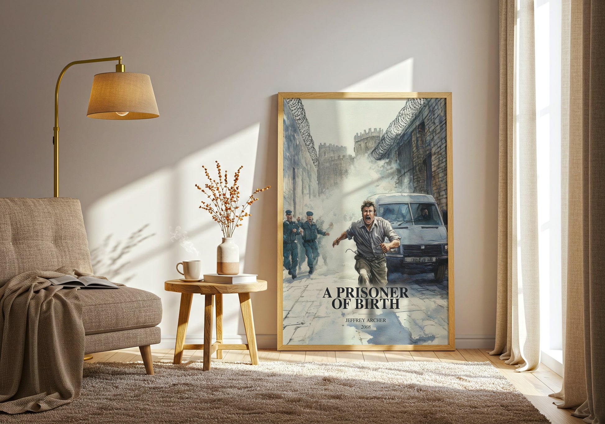 A Prisoner Of Birth watercolour print in frame leaning in hallway – crime wall art