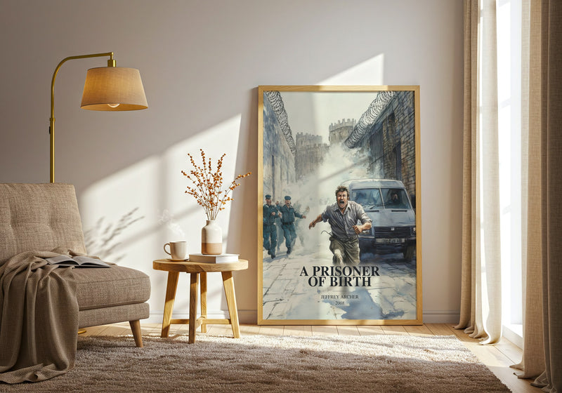 A Prisoner Of Birth watercolour print in frame leaning in hallway – crime wall art