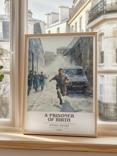 A Prisoner of Birth Book Cover Poster by Jeffrey Archer – framed print by a bright window