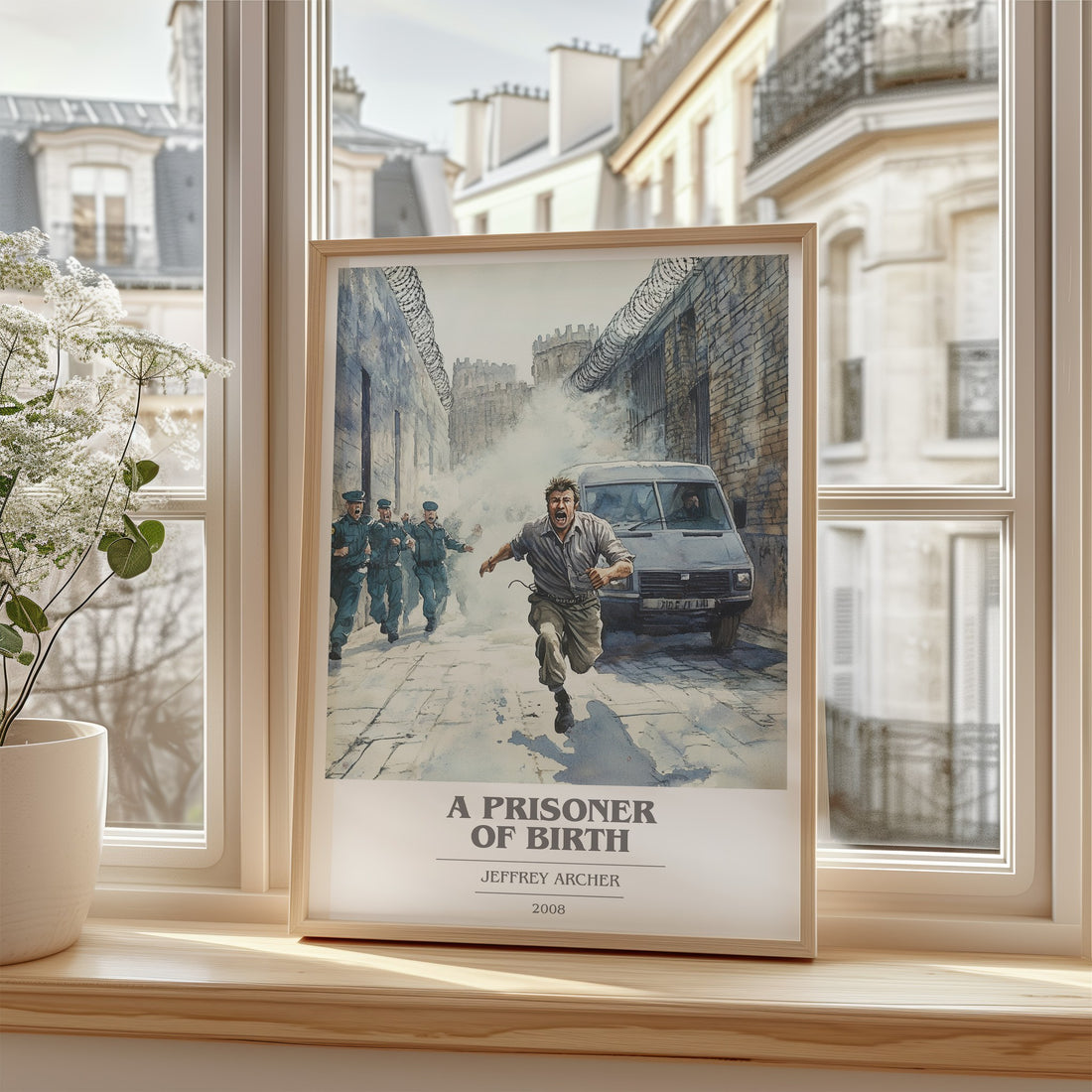 A Prisoner of Birth Book Cover Poster by Jeffrey Archer – framed print by a bright window