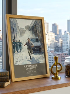 A Prisoner of Birth Book Cover Poster by Jeffrey Archer – framed print on a city-view windowsill