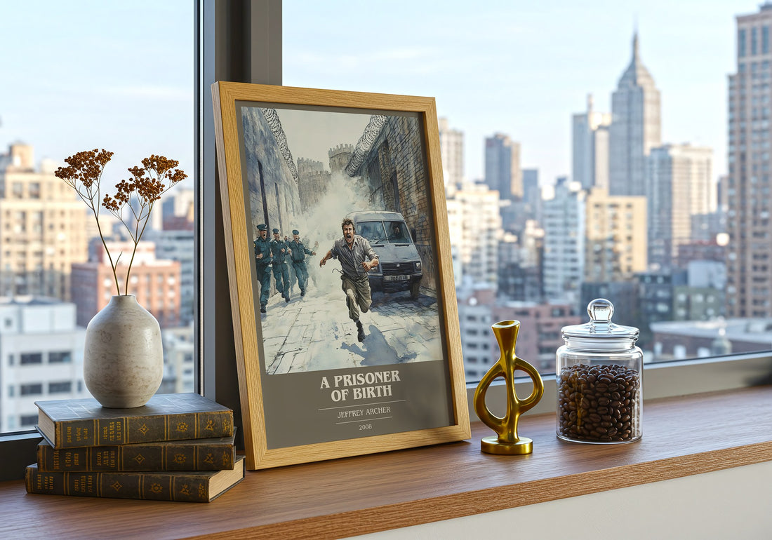 A Prisoner of Birth Book Cover Poster by Jeffrey Archer – framed print on a city-view windowsill