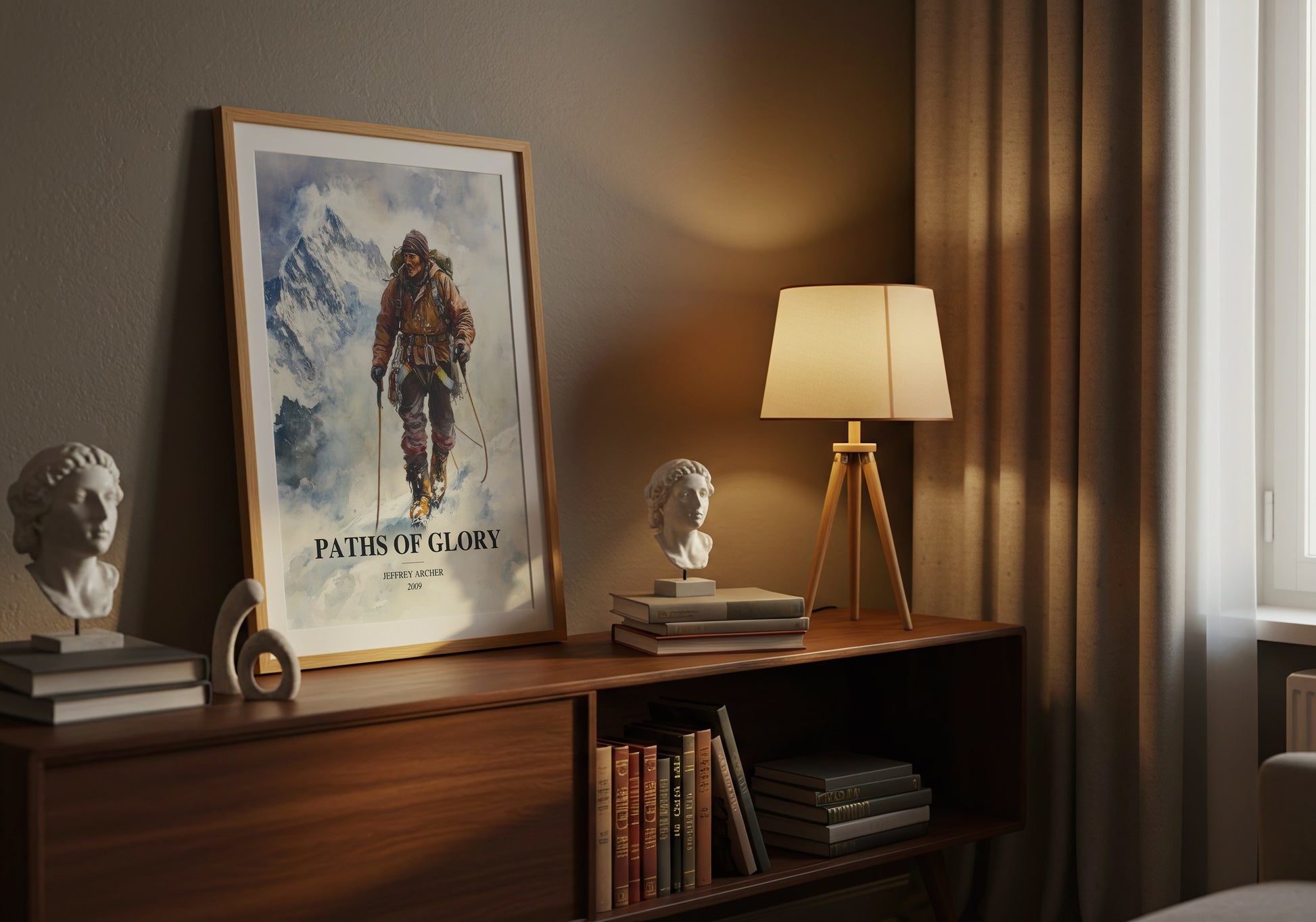 Paths Of Glory watercolour print on bookshelf – Jeffrey Archer fan gift