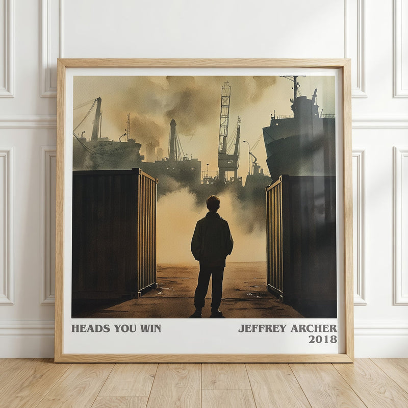 Heads You Win literary print in frame leaning in hallway – thriller wall art